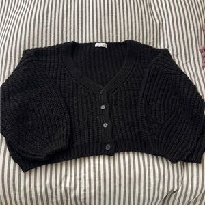 Black Ribbed Knit Cropped Cardigan Sweater - Women